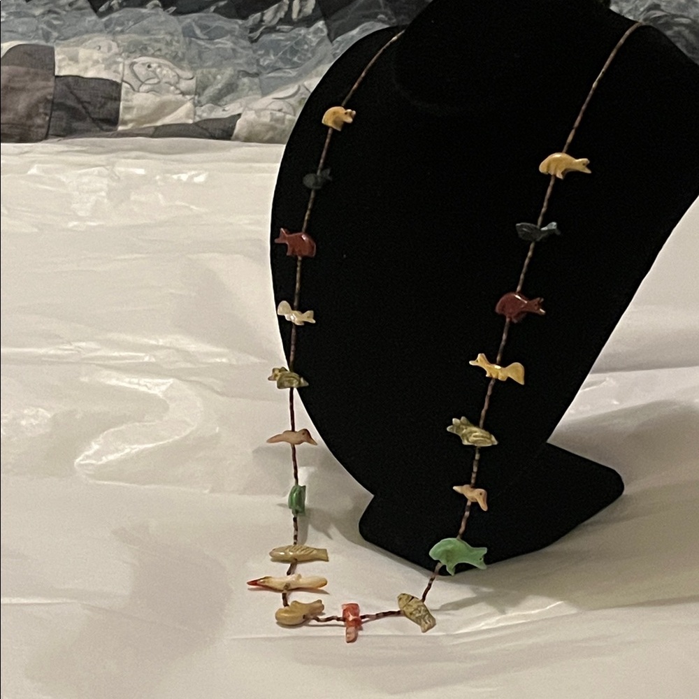 SOLD-Zuni Fetish Necklace carved stone animals-$40 - Picture 3 of 9